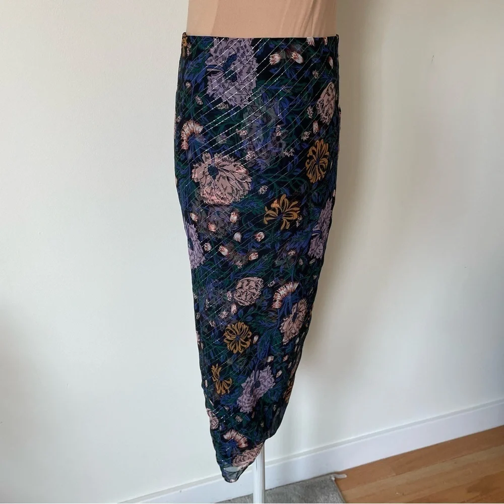 Veronica Beard Hazel Ruched Floral-Print Fil Coupé Silk-Metallic Skirt EUC Sz 4